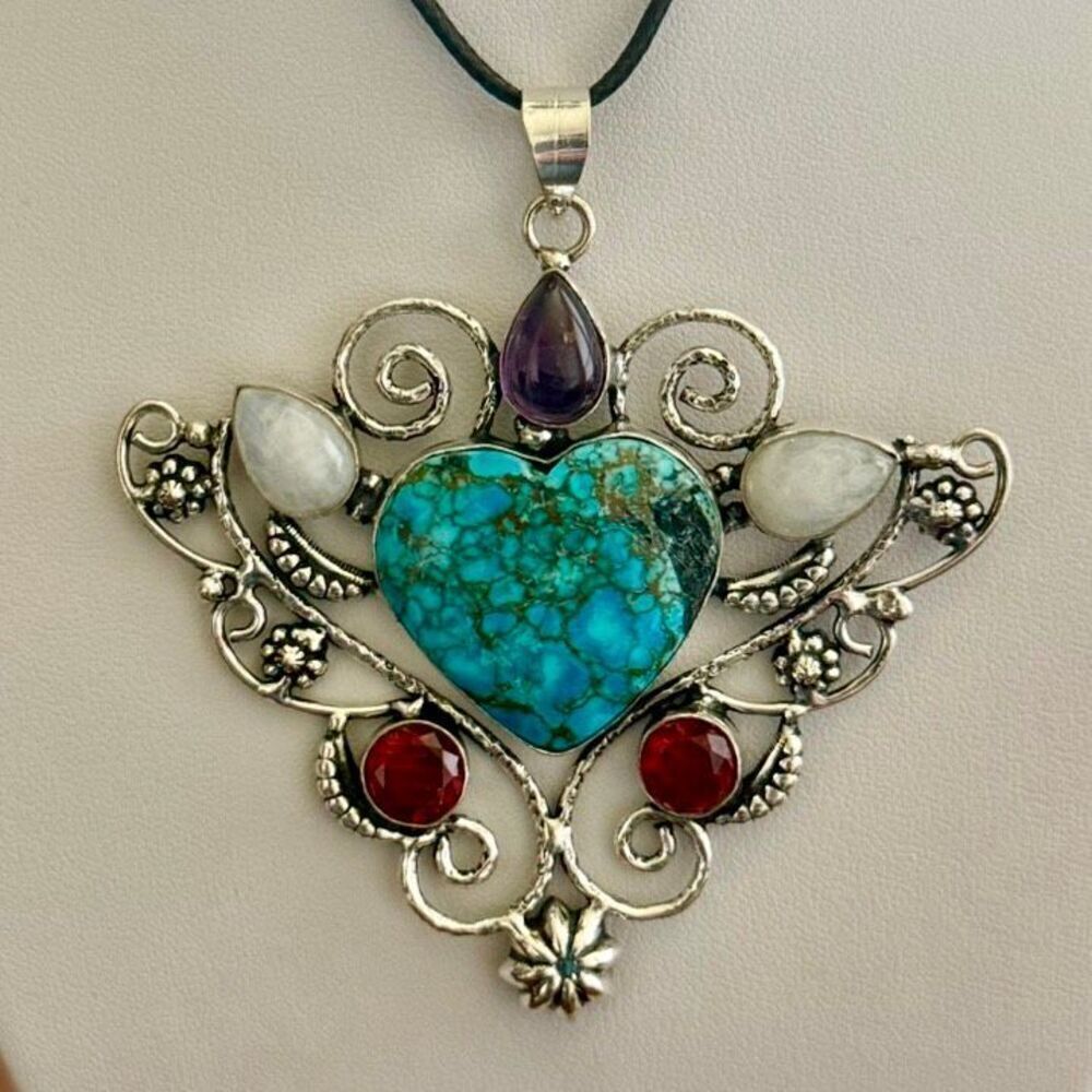 Unique Turquoise Rainbow Moonstone Amethyst Gemstone Heart Necklace Pendant New